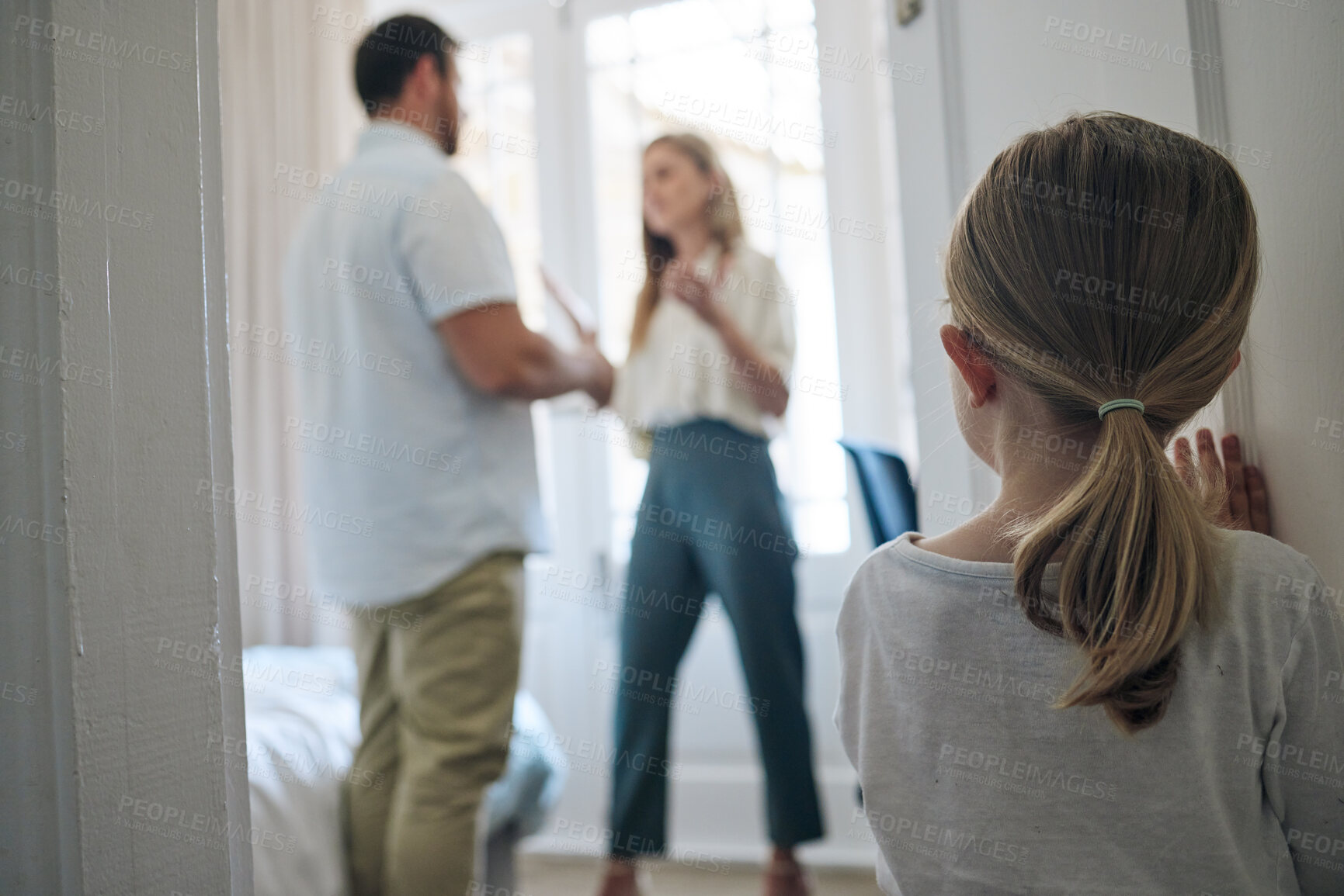 Buy stock photo Child, door and parents in home with argument for infidelity, cheating or affair problem. Disagreement, conflict and back of girl kid watching mother and father fight in bedroom for toxic marriage.