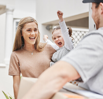 Buy stock photo Cropped shot of an adorable little girl cheering while a male courier delivers a package to her mom