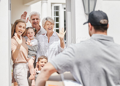 Buy stock photo Cropped shot of a family waving at a male courier who is out making deliveries