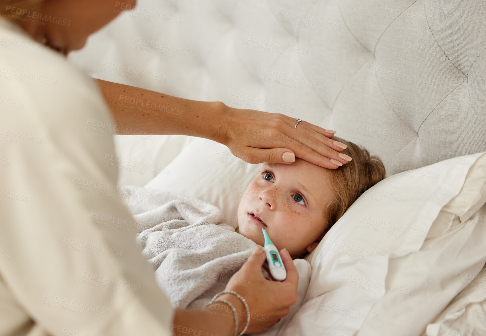 Buy stock photo Mom, hand or thermometer for sick child in bedroom with monitor temperature for fever or covid infection. Parent, daughter or checking for cold, illness or flu in home for forehead or mpox symptoms