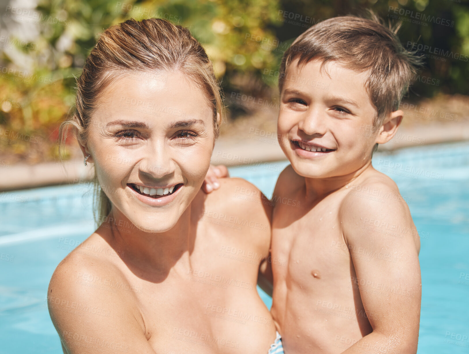 Buy stock photo Mother, child and smile with swimming pool portrait for summer vacation, adventure and holiday. Happy family, woman and boy kid with relax at weekend resort with bonding, fun activity and leisure