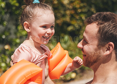 Buy stock photo Learning, activity and child with swimming instructor in pool for lesson, education or practice in summer. Happy, outdoor and teacher with kid in water for aquatic exercise, growth or development.