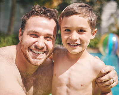 Buy stock photo Father, child and smile with swimming pool portrait for summer holiday, vacation and fun adventure. Happy family, man and boy kid at poolside resort with bonding, weekend break and relationship 