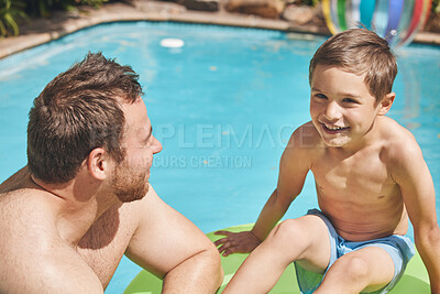 Buy stock photo Holiday, father or happy child swimming in pool for bonding, vacation or weekend in summer. Tourism, floating or dad in water for exercise, fun trip or development for son, kid or boy in Australia