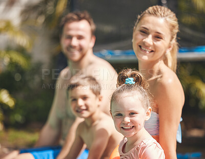 Buy stock photo Tourism, portrait or happy family swimming in pool for bonding, vacation or weekend in summer. Mother, holiday or father in water for exercise, fun or development for children or kids in Australia 