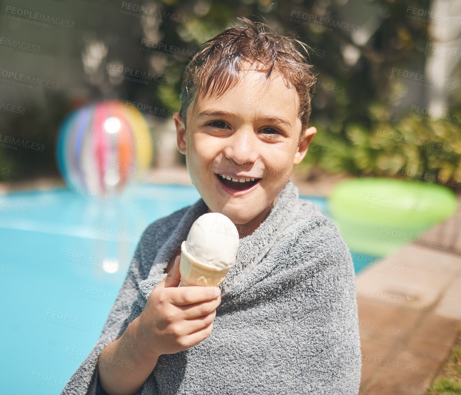 Buy stock photo Smile, ice cream and portrait of kid at pool for summer, holiday and relax at hotel for outdoor tourism. Happy, travel and boy child at swimming water with frozen snack on tropical weekend vacation