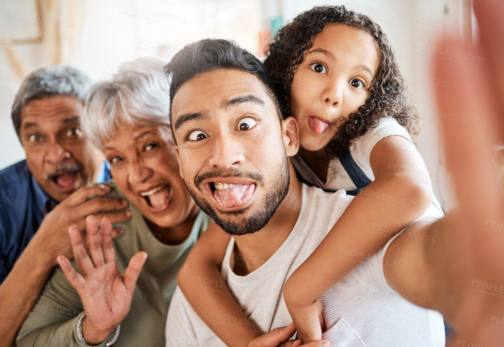 Buy stock photo Happy family, portrait and silly face selfie for social media, vlog or funny online post at home. Grandparents, father and child with goofy expression for photo, memory or profile picture together