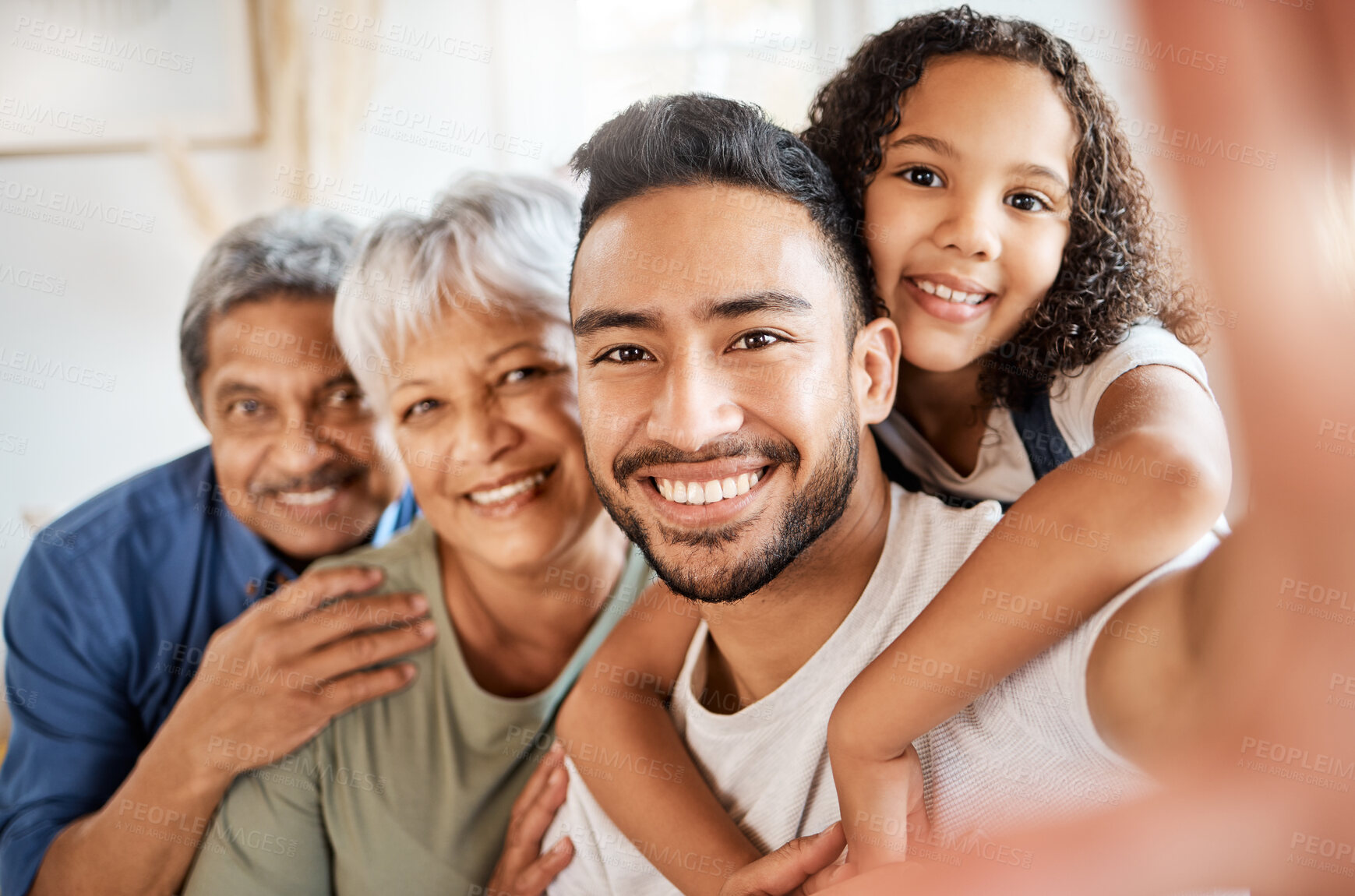 Buy stock photo Happy family, portrait and smile of selfie in hug for social media, vlog or online post at home. Grandparents, father or face of child smiling for embrace of photo, memory or profile picture together