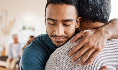 Buy stock photo Father, son and hug for love, care or support in family bonding or time together in living room at home. Happy man hugging dad in reunion embrace, relationship or greeting for elderly care at house