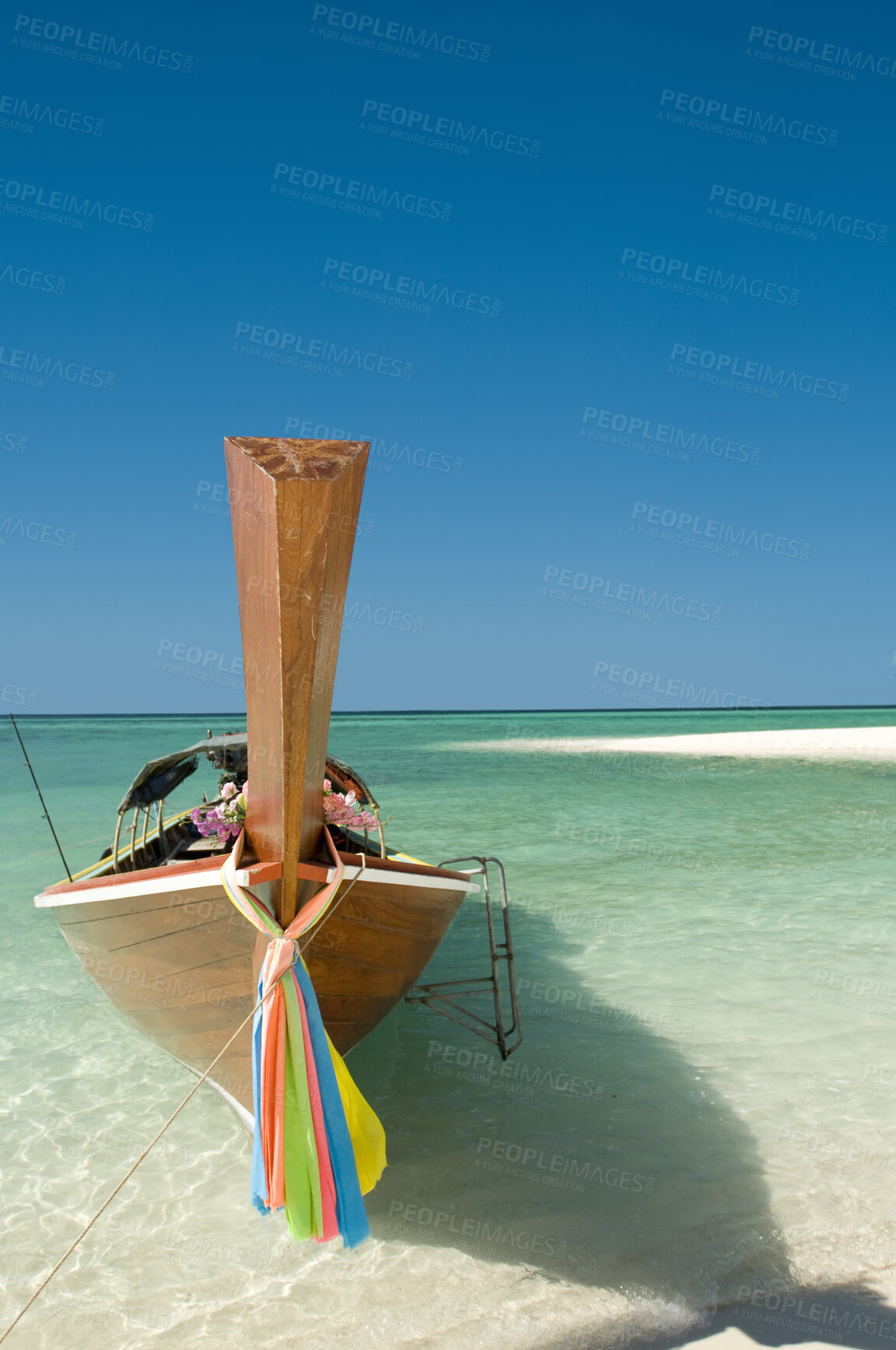 Buy stock photo Sea, blue sky and horizon on beach with boat on shore, travel and tourism with holiday destination landscape. Transport, vessel and tropical island for adventure, nature outdoor and trip to Thailand