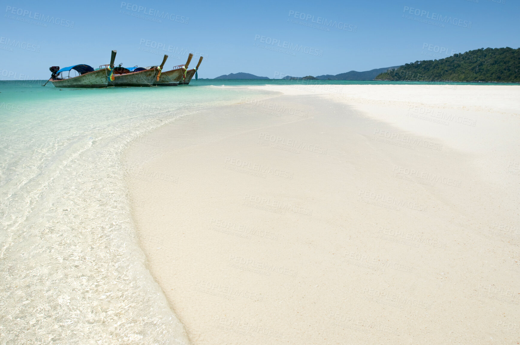 Buy stock photo Ocean, sky and sand on beach with boat on shore, travel and tourism with holiday destination landscape. Transport, vessel and tropical island for adventure, nature outdoor and trip to Thailand