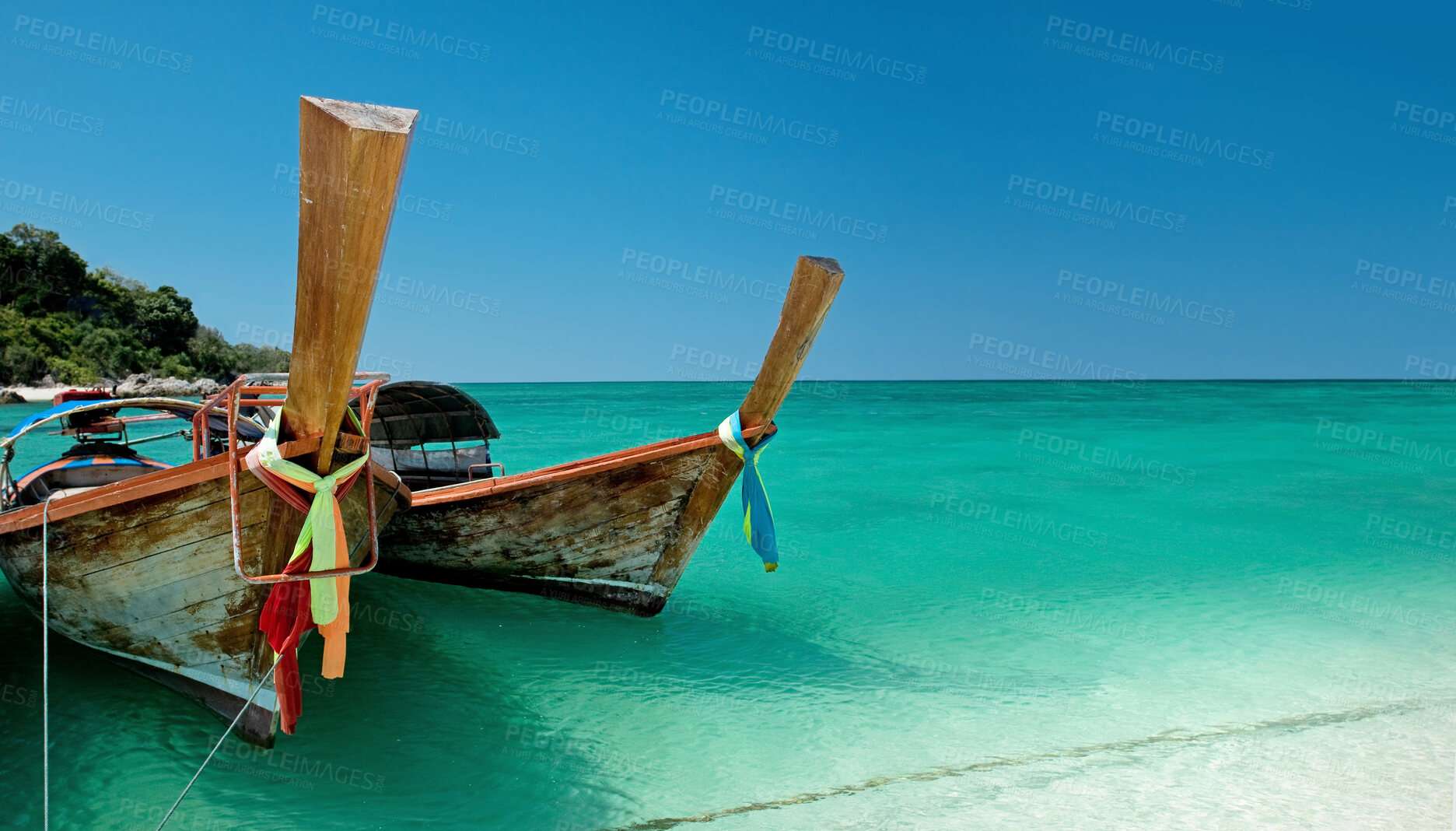 Buy stock photo Ocean, blue sky and sun on beach with boat on shore, travel and tourism with holiday destination landscape. Transport, vessel and tropical island for adventure, nature outdoor and trip to Thailand