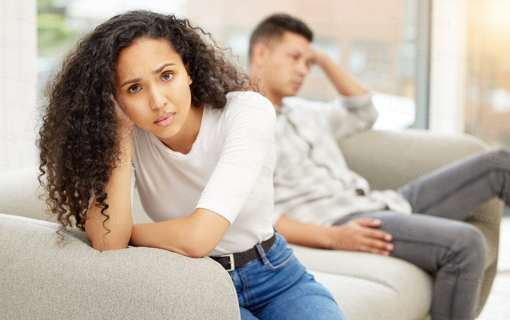 Buy stock photo Angry, divorce and portrait of couple on sofa in argument for affair, cheating or disagreement. Upset, breakup and face of annoyed woman fighting with man for marriage fail in living room at home.