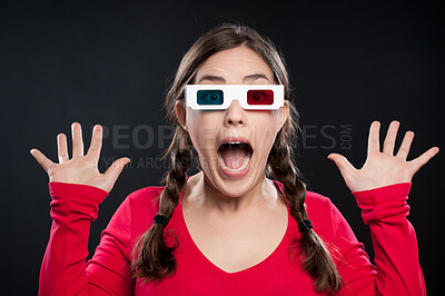 Buy stock photo Surprise, portrait and woman with 3d glasses for movie, film and theater on dark background. Wow, scream and face of student in expression for shock in futuristic eyewear by studio backdrop