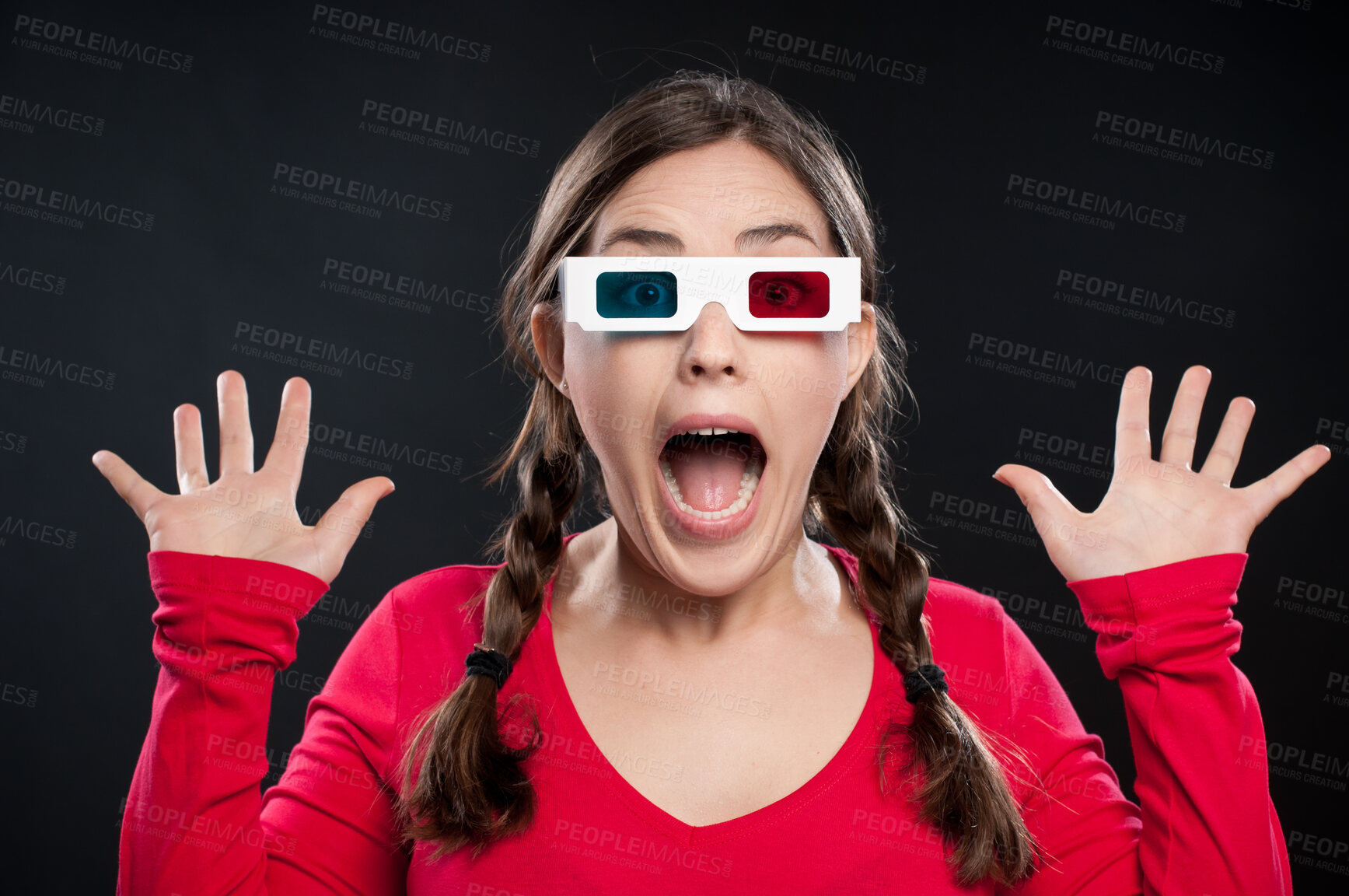 Buy stock photo Surprise, portrait and woman with 3d glasses for movie, film and theater on dark background. Wow, scream and face of student in expression for shock in futuristic eyewear by studio backdrop