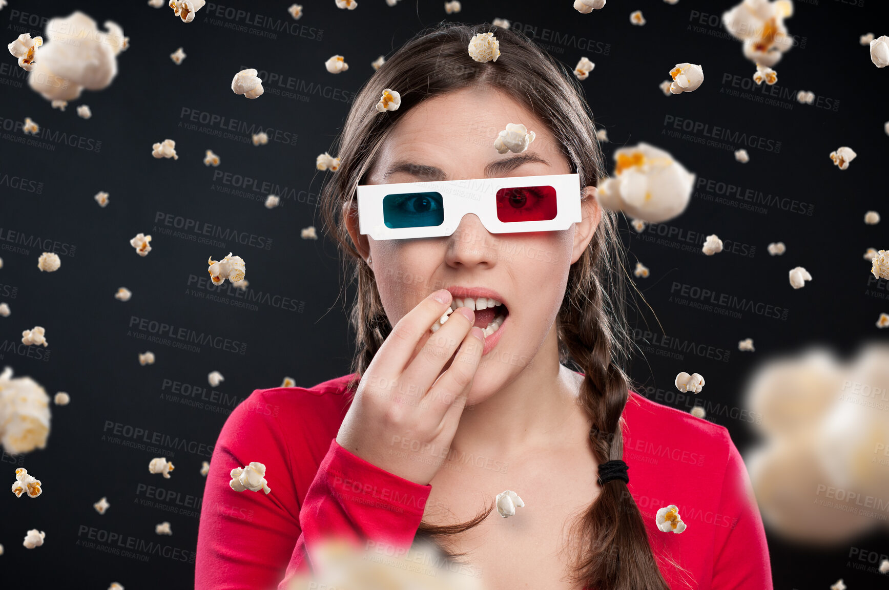 Buy stock photo Woman, 3d glasses and portrait with popcorn for snack, eating or watching movie in black studio background. Female person, food and futuristic with color lens eyewear in cinema for film or hologram