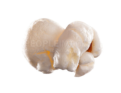 Buy stock photo Food, single and popcorn snack in studio for nutrition or carbs, diet and corn isolated on white background. Air popped, grain and texture or detail of kernel for healthy calorie or digestive system.