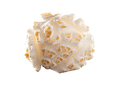 Buy stock photo Food, single and popcorn snack in studio for nutrition or carbs, diet and corn isolated on white background. Air popped, grain and texture or detail of kernel for healthy calorie or digestive system.