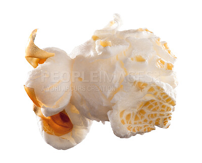 Buy stock photo Food, single and popcorn snack in studio for nutrition or carbs, diet and corn isolated on white background. Air popped, grain and texture or detail of kernel for healthy calorie or digestive system.