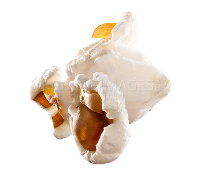 Buy stock photo Corn, single and popcorn snack in studio for nutrition or carbs, diet and food isolated on white background. Air popped, grain and texture or detail of kernel for healthy calorie or digestive system.