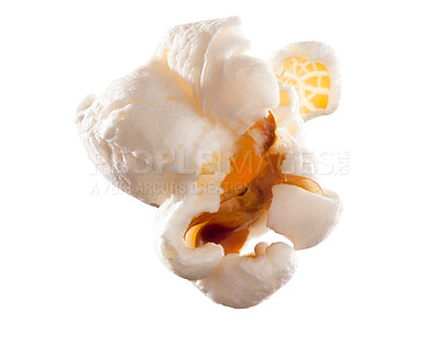 Buy stock photo Corn, single and popcorn snack in studio for nutrition or carbs, diet and food isolated on white background. Air popped, grain and texture or detail of kernel for healthy calorie or digestive system.