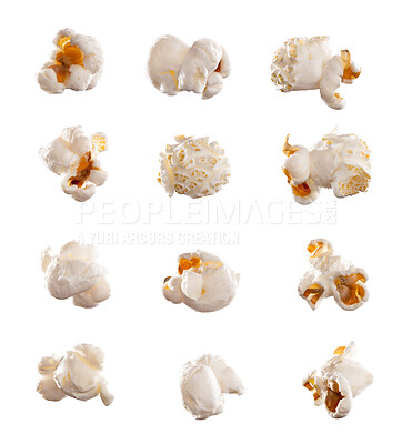 Buy stock photo Food, popcorn kernels isolated and against a white background for snack. Cooking fresh corn or salt nutrition, unhealthy diet or grain and junkfood for movie at cinema against a studio backdrop