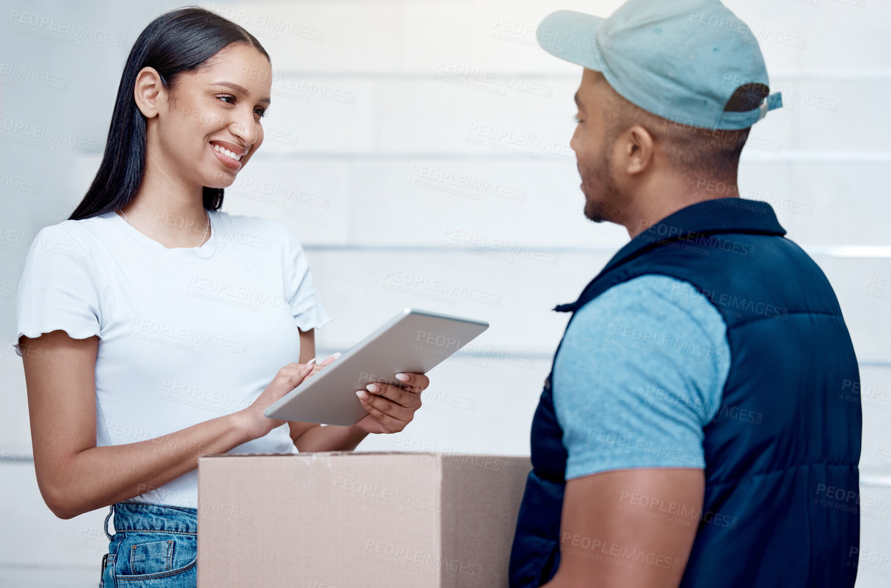 Buy stock photo Woman, delivery man or box with tablet for service at front door, signature for online shopping with courier. Female person, smile or shipping with ebook for logistics, sale on product with ecommerce