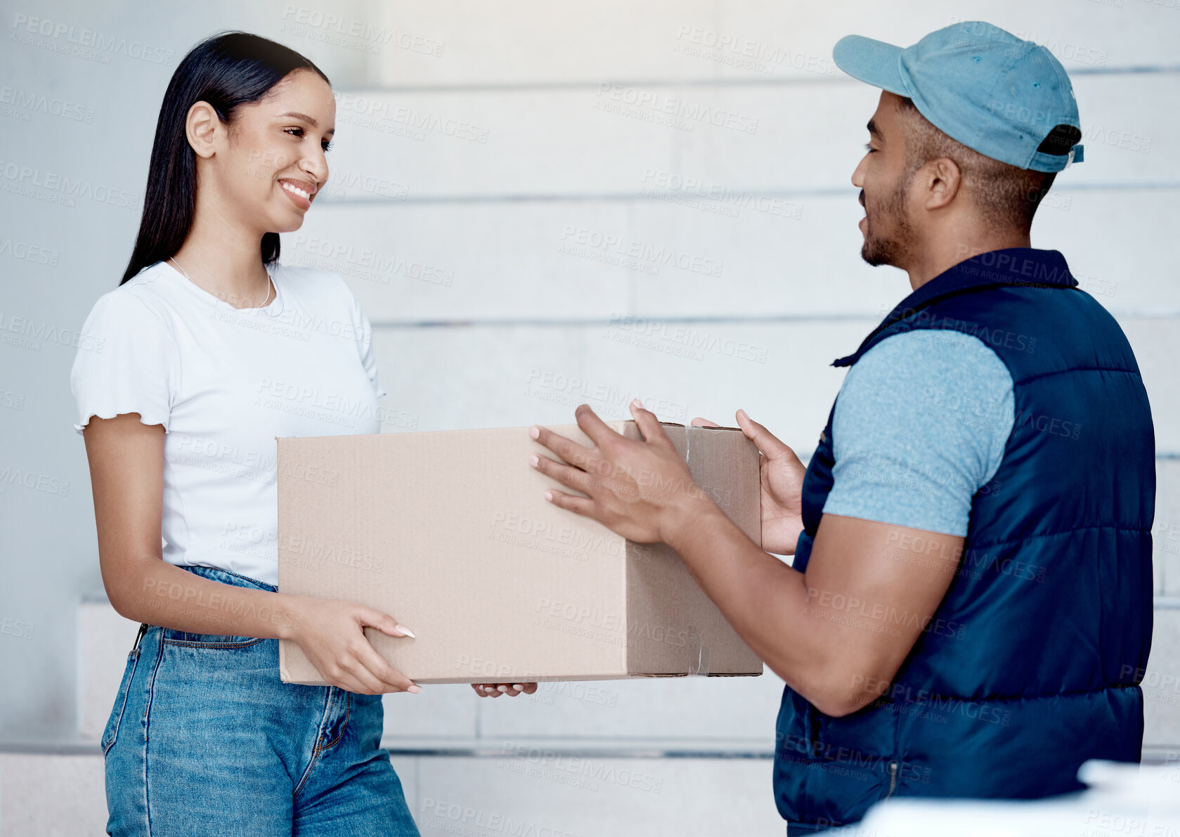 Buy stock photo Woman, courier and delivery man with box, service and retail with package, ecommerce and industry. People, employee and girl with parcel, cardboard and shipping with logistics, supply chain and cargo