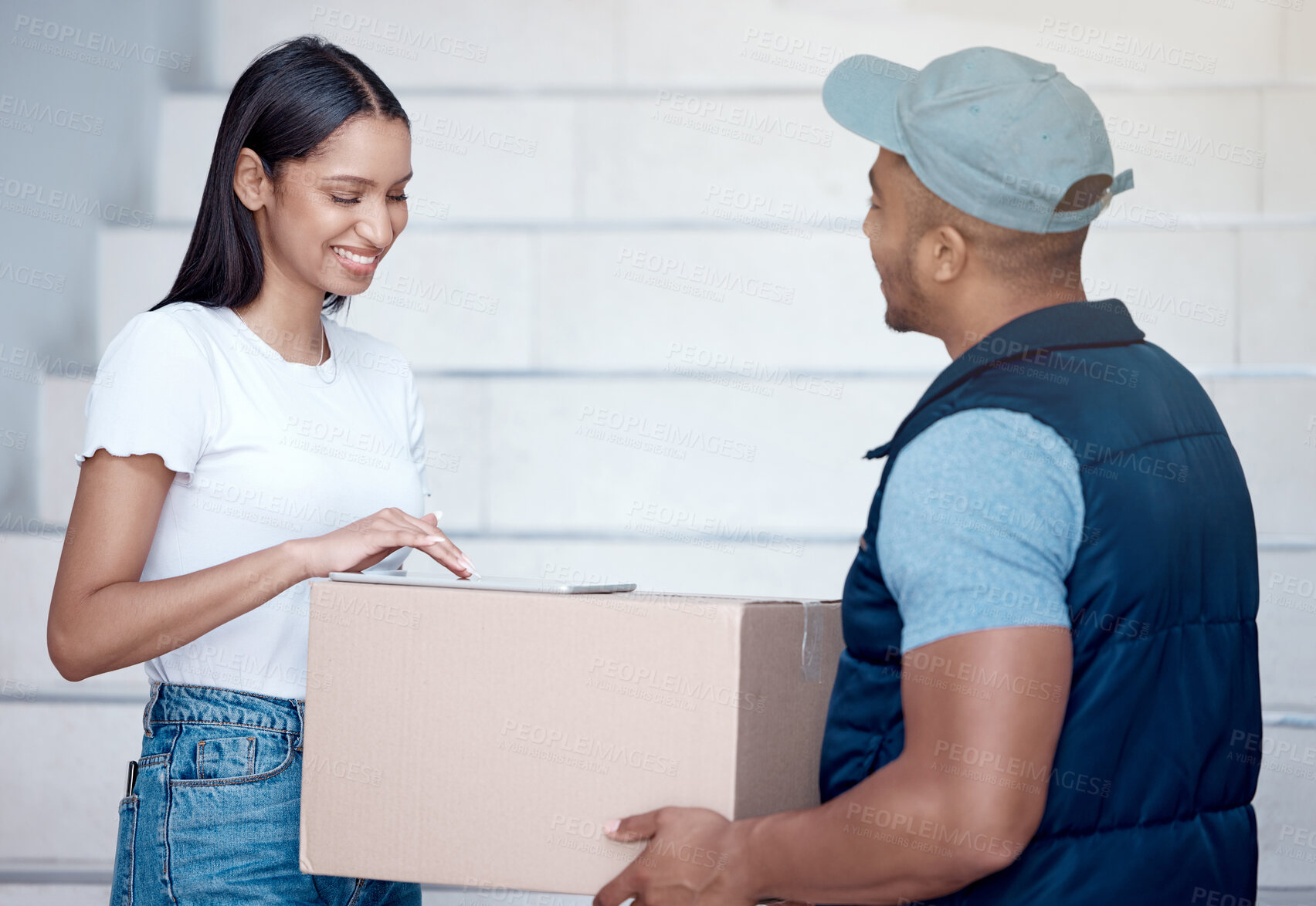 Buy stock photo Woman, delivery man or box with tablet for signature at front door, service with online shopping and courier. Female person, smile or shipping with app for logistics, sale on product with ecommerce