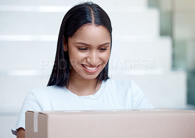 Buy stock photo Ecommerce, woman and happy with package for delivery, customer service and box at apartment. Online shopping, female client and satisfied with parcel outside for collection, supply or courier at home