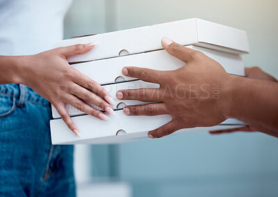 Buy stock photo Hands, delivery man and pizza with woman for food, customer service and order at apartment. Ecommerce, female client and satisfied with meal boxes outside for collection, supply or courier at home