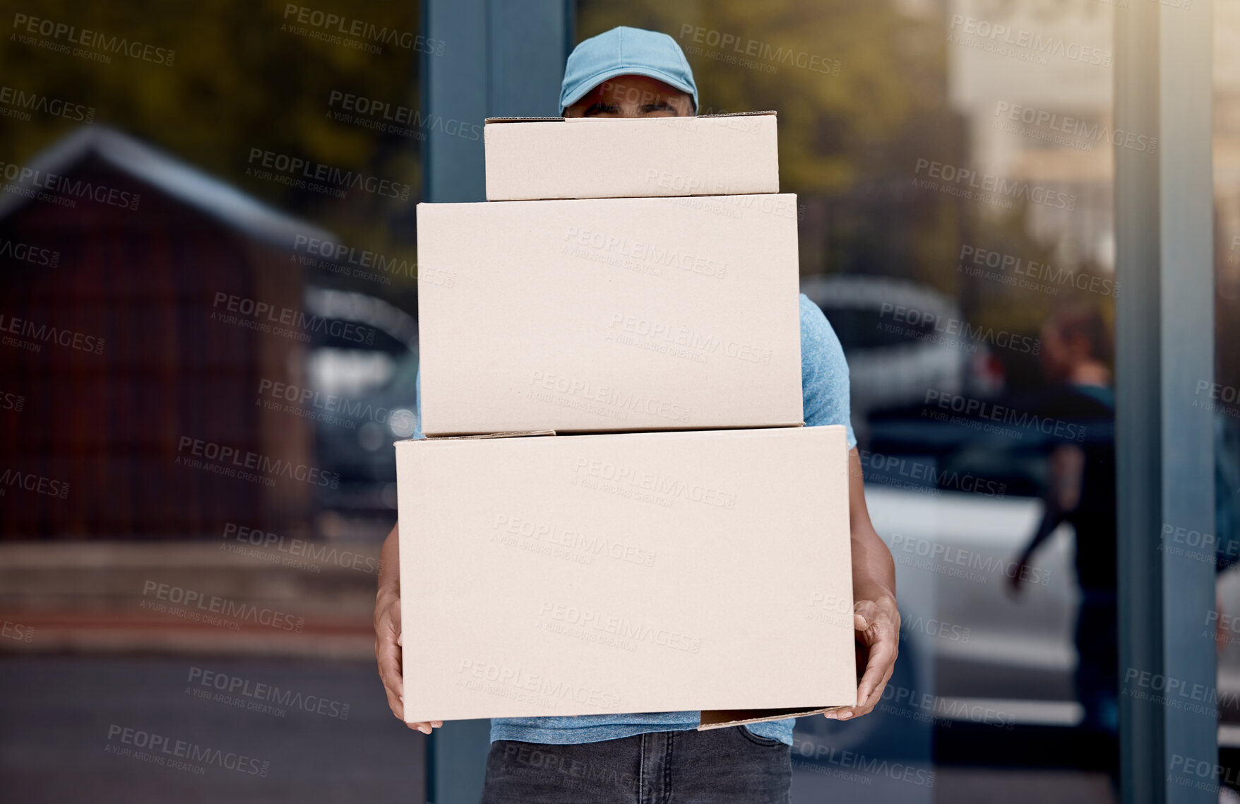 Buy stock photo Delivery man, boxes and freight service logistics, box and shipping compny in city or sidewalk. Ecommerce, retail and stock with courier, cargo and distribution or supplier of package in New York 