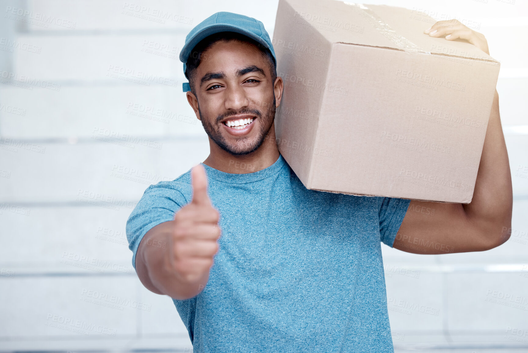 Buy stock photo Delivery, thumbs up and portrait of man for logistics, box and shipping service by stairs n city. Ecommerce, retail and stock with courier, cargo and distribution or supplier of package in London