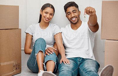 Buy stock photo Box, key and portrait of couple in new home excited for property, apartment and real estate investment, Relationship, house and man and woman with housekeys, boxes and happy on moving day with boxes