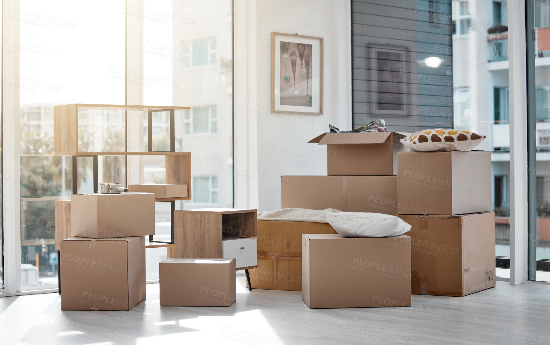 Buy stock photo Cardboard boxes, new home and moving logistics for real estate, property and shipping parcels. House relocation, change and packages for courier, transport and delivery to empty apartment for storage