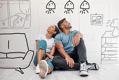 Buy stock photo Interior, drawing and couple dreaming of new home inspiration with thinking and sketch. House planning, illustration and young people together with design fantasy and homeowner dream and idea