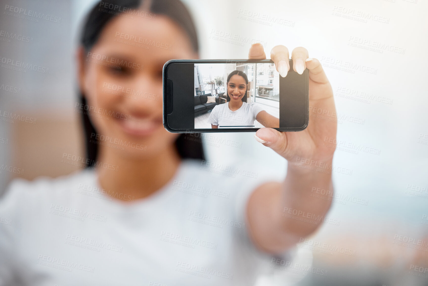 Buy stock photo Happy woman, phone and screen with selfie for vlog, live streaming or picture in new home. Young female person or vlogger with camera on mobile smartphone for photography, moment or memory at house