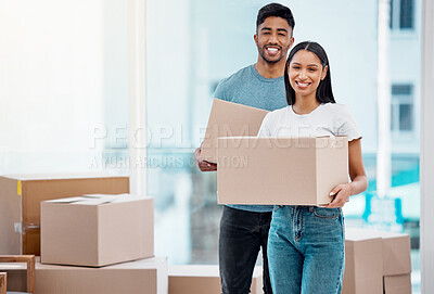 Buy stock photo Box, moving and portrait of couple in new home excited for property, apartment and real estate investment. Relationship, mortgage and happy man and woman carry boxes for relocation, move and house