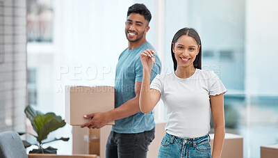 Buy stock photo Box, keys and portrait of couple in new home excited for property, apartment and real estate investment. Relationship, moving day and man and woman with key and boxes for relocation, move and house