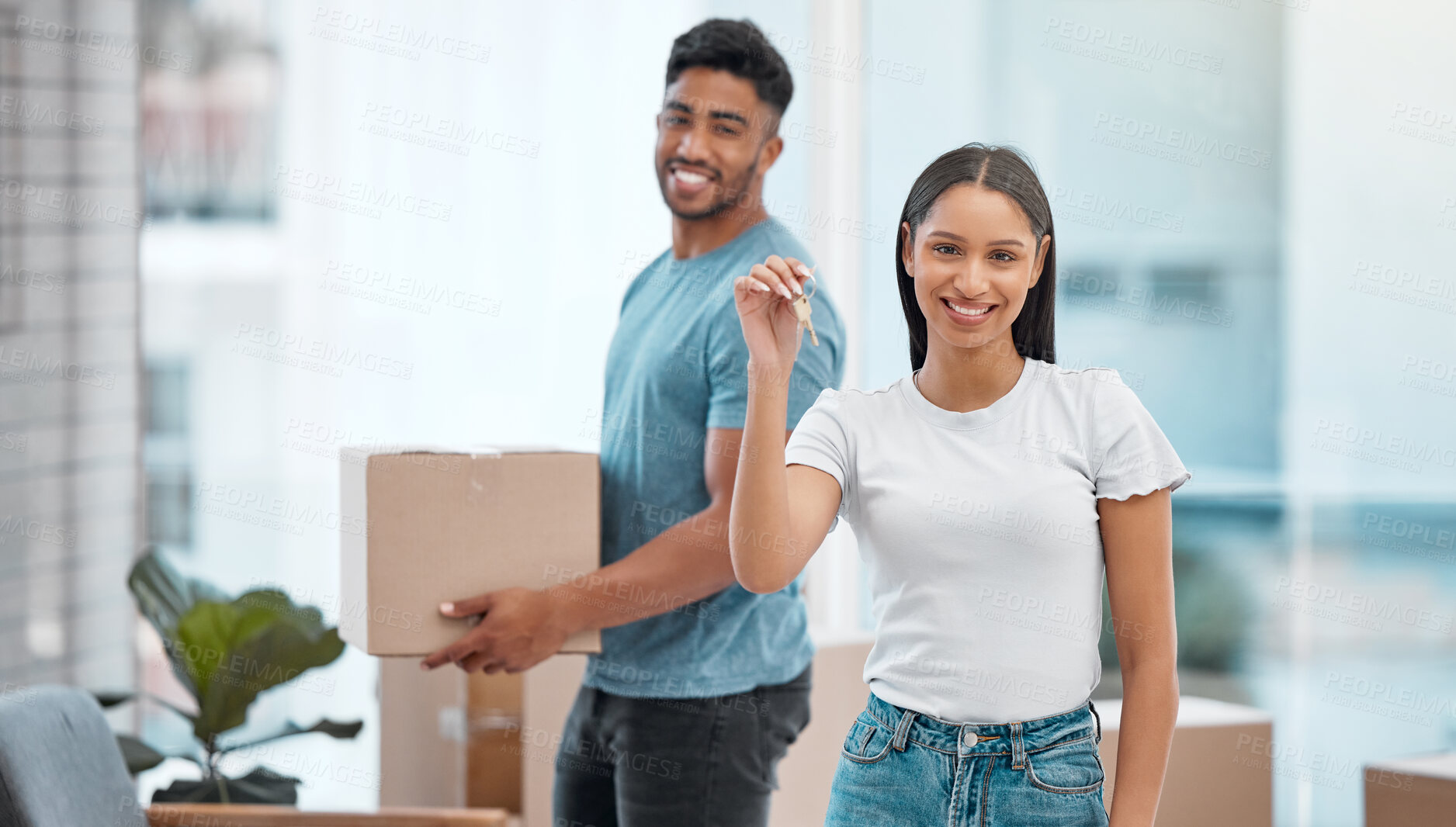 Buy stock photo Box, keys and portrait of couple in new home excited for property, apartment and real estate investment. Relationship, moving day and man and woman with key and boxes for relocation, move and house