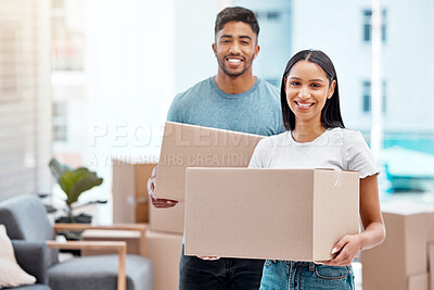 Buy stock photo Box, happy and portrait of couple in new home excited for property, apartment and real estate investment. Relationship, moving day and man and woman carrying boxes for relocation, move and house