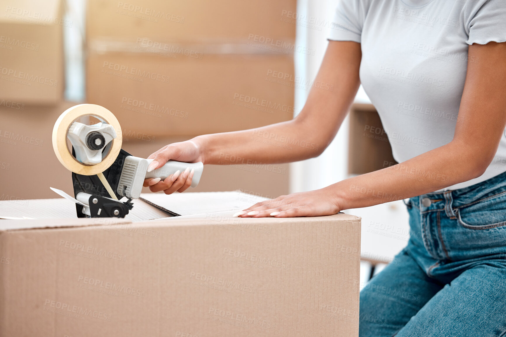 Buy stock photo Packing, boxes and real estate property for investment mortgage or happy beginning, new house or growth. Home, living room and cardboard or interior for moving sale or residential loan, buy or asset