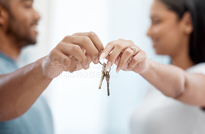 Buy stock photo House, key and hands of couple in new home for property, apartment and real estate investment. Relationship, homeowner and closeup of man and woman with keys for relocation, move and moving day