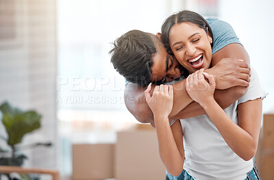 Buy stock photo Hug, love and couple laugh in new home excited for property, apartment and real estate investment, Relationship, house and man and woman embrace, laughing and happy in living room on moving day