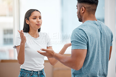 Buy stock photo Stress, argument and couple in new home fighting about marriage crisis, debt conflict and anger. Drama, angry woman and man in frustrated discussion together, anxiety and moving problem.