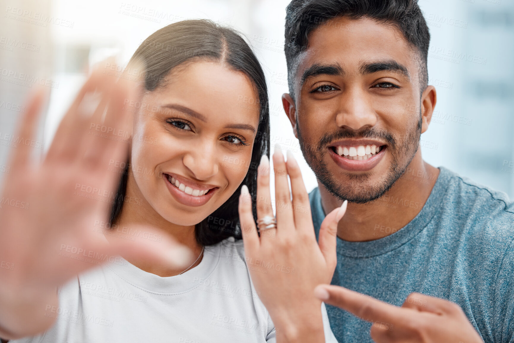 Buy stock photo Happy couple, portrait and ring with selfie for marriage, engagement or celebration of proposal at home. Man and woman with smile for picture, photography or memory on announcement or love at house