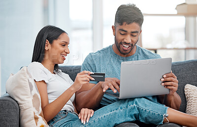 Buy stock photo Online shopping, laptop and credit card, couple on sofa in living room and internet banking in home. Technology, ecommerce payment and happy woman and man browsing retail website or digital shop deal