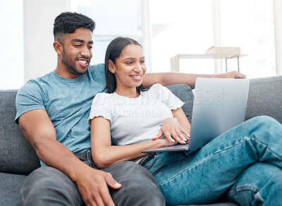 Buy stock photo Couple, laptop and watching a video on a lounge sofa with happiness and love at home. Computer, streaming series and young people together on a living room couch in a house with tech and a smile