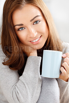 Buy stock photo Portrait, woman drinking tea or coffee against a studio background and a smile. Beauty, happiness and happy girl model with perfect white teeth and a mug, drink or beverage in hand relaxing. 
