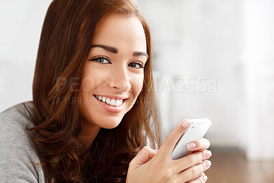 Buy stock photo Relax woman, phone and social media search, internet news or mobile dating app in home or house. Smile, happy or portrait of beauty person with communication technology for networking in living room